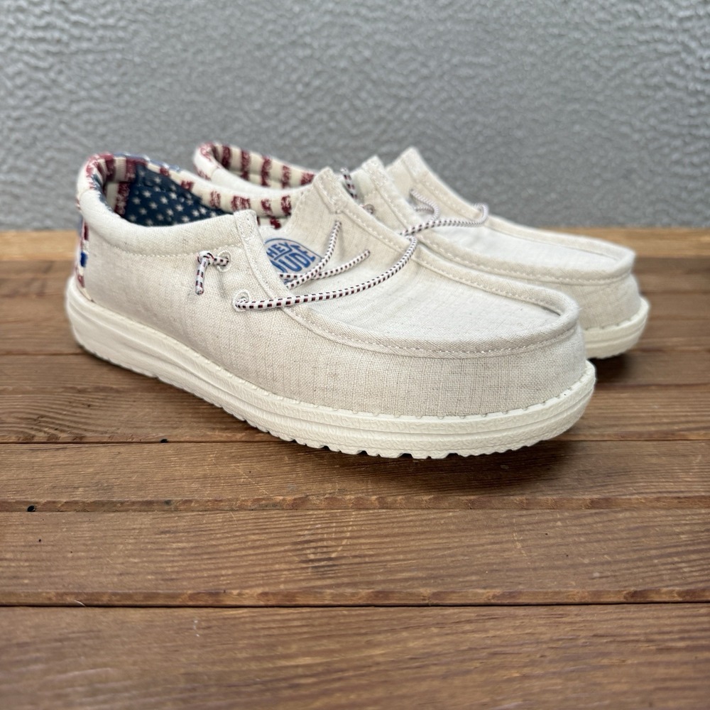 Hey Dude Shoes Youth 4 Off White Patriotic Wally Slip On Loafers American Flag - Picture 5 of 11